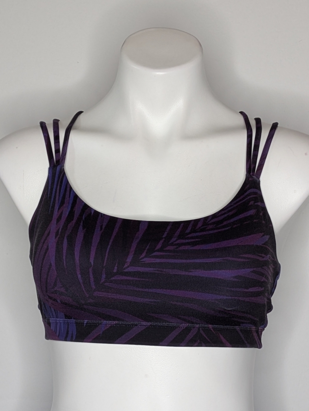 Gap Fit Eclipse Black Purple Foliage Print Strappy Exercise Workout Sports Bra S